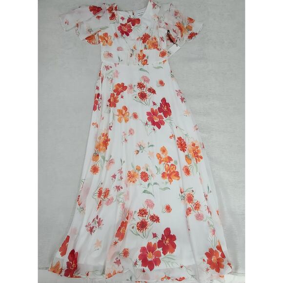 Calvin Klein floral Flutter sleeve Maxi dress white floral Sz 2 Feminine modest - Picture 5 of 12